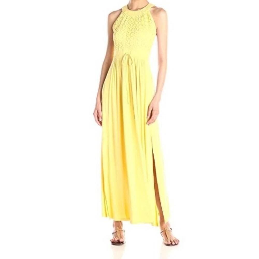 Calvin Klein Yellow Lace Bodice Boho Maxi Dress Sleeveless Size 4 Resort Rayon